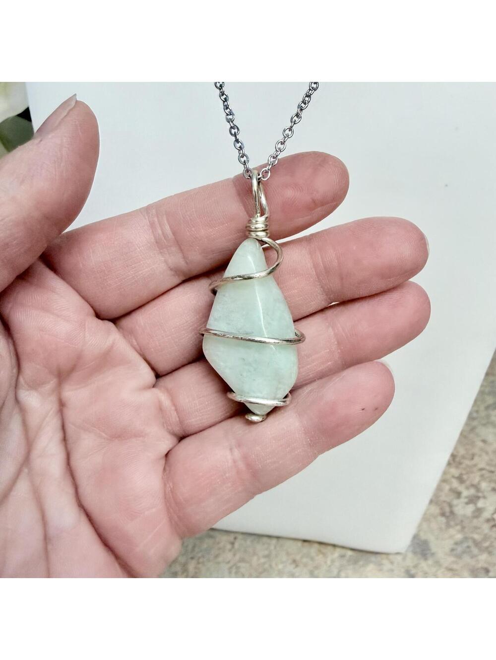 Hand crafted wire wrapped chrysoprase pendant necklace